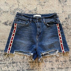 Zara | Denim Jean Shorts Red Ribbon Stripe Pearl Cut Off Women's Sz 2 3" Inseam